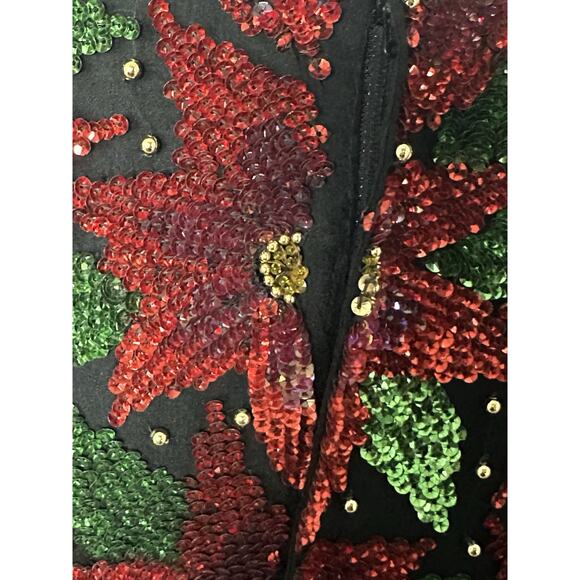 Laurence Kazar Silk Poinsettia Beaded Sequin Black Red Top Vtg 80s Size 1X EUC - Picture 5 of 8